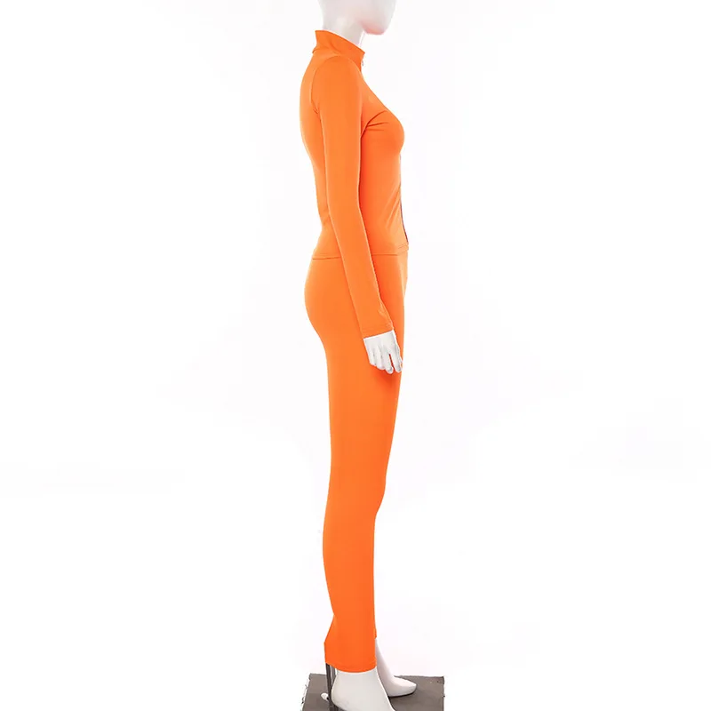 ANJAMANOR облегающий комплект из двух предметов, спортивный костюм, Осень-зима, сексуальные неоновые оранжевые костюмчики для женщин, спортивный костюм, толстовка с капюшоном и штаны, D87AD71