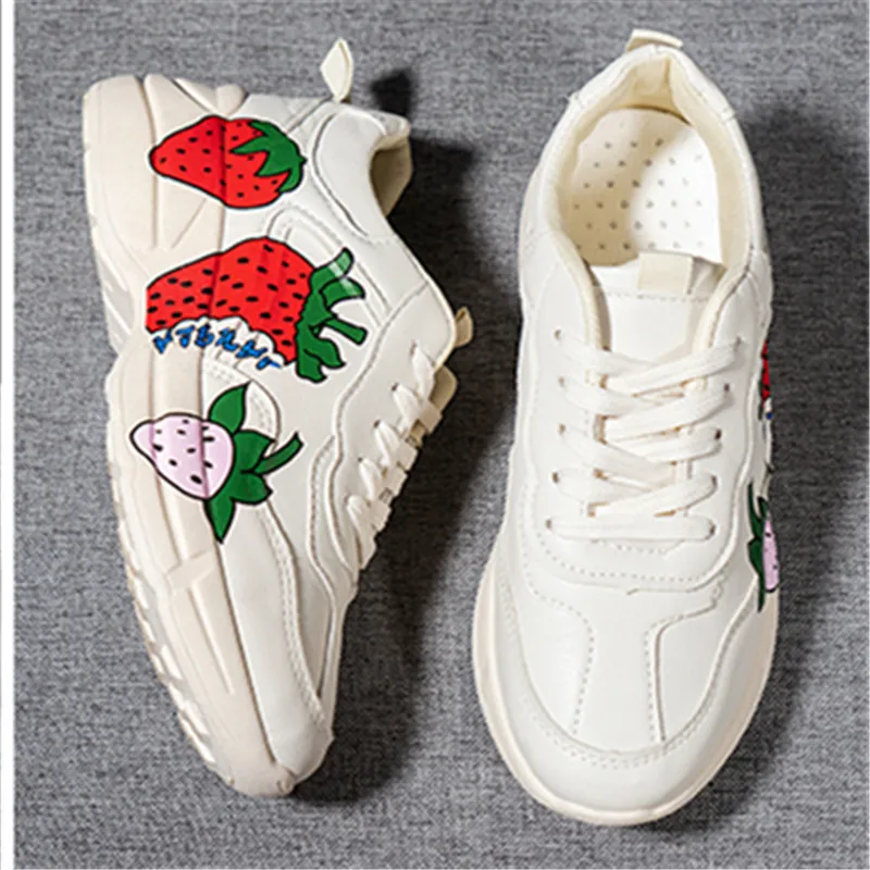 

2020 tide sneakers autumn new increase Daddy shoes women's European style cute printed strawberry wedges leisure training shoes