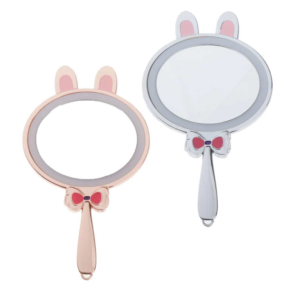 USB Charging Cute Rabbit LED HD Round Vanity Mirror for Makeup w/ Handle