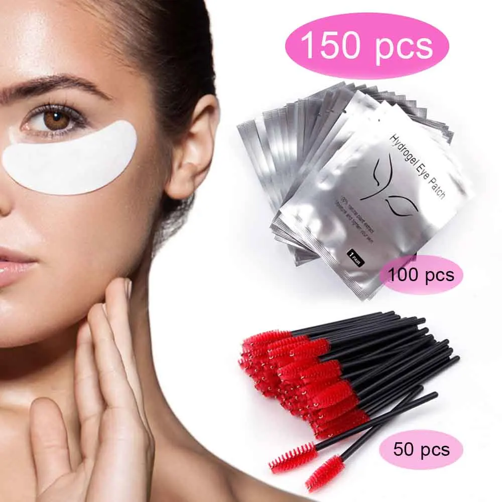 

100Pcs Eye Pads Paper Patches Lash Stickers Wrap And 50Pcs Disposable Eyelash Brushes For 150Pcs Eyelashes Extension Makeup Tool