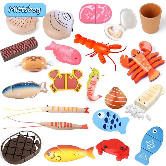 New Montessori Simulation Animal Magnetic Play House Fish Shrimp Crab Shell  Seasoning Sashimi Baking Toy Wooden