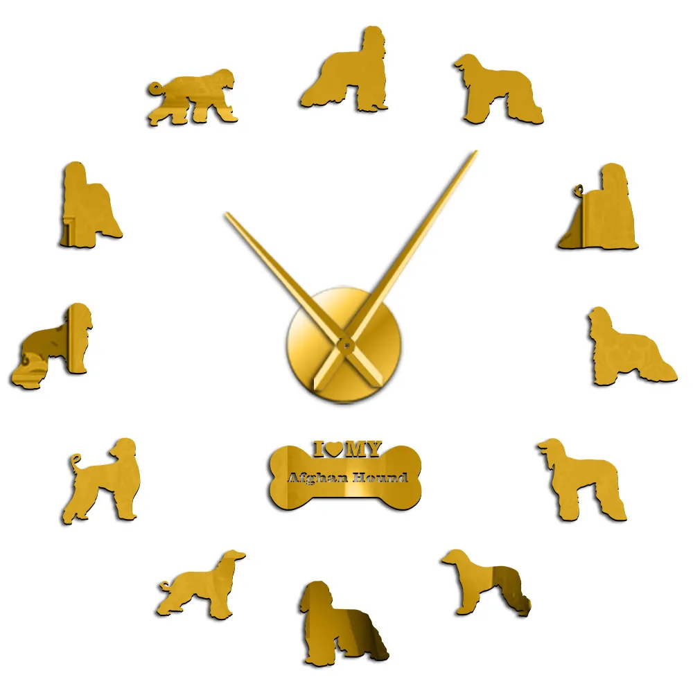Afghan Hound Dog Breed Large Wall Art Stickers Puppy Dog Pets Decorative Big Wall Clock Silent Movement Hanging Clock Wall Watch - Цвет: Gold