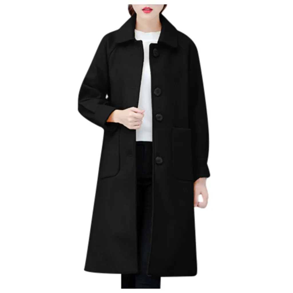 Women Warm windproof Overcoat Work Solid Vintage Winter Office Long Sleeve Button Woolen Jacket Coat Cappotto da donna#3