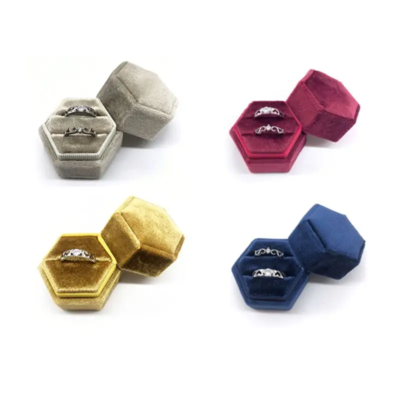 

Hexagon Velvet Ring Box Double Ring Display Holder with Detachable Lid Ring Box Holder for Wedding Ceremony