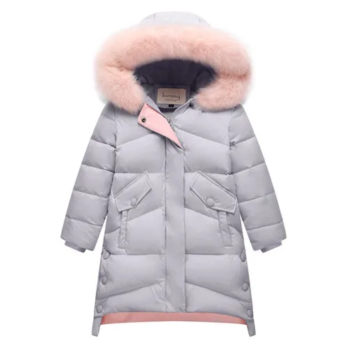 Girls Winter Down Jacket Korean Fashion Kids Thicken Hooded Long Outerwear Coat For School Girl 5 7 9 11 13 15 Years Parkas - Цвет: gray