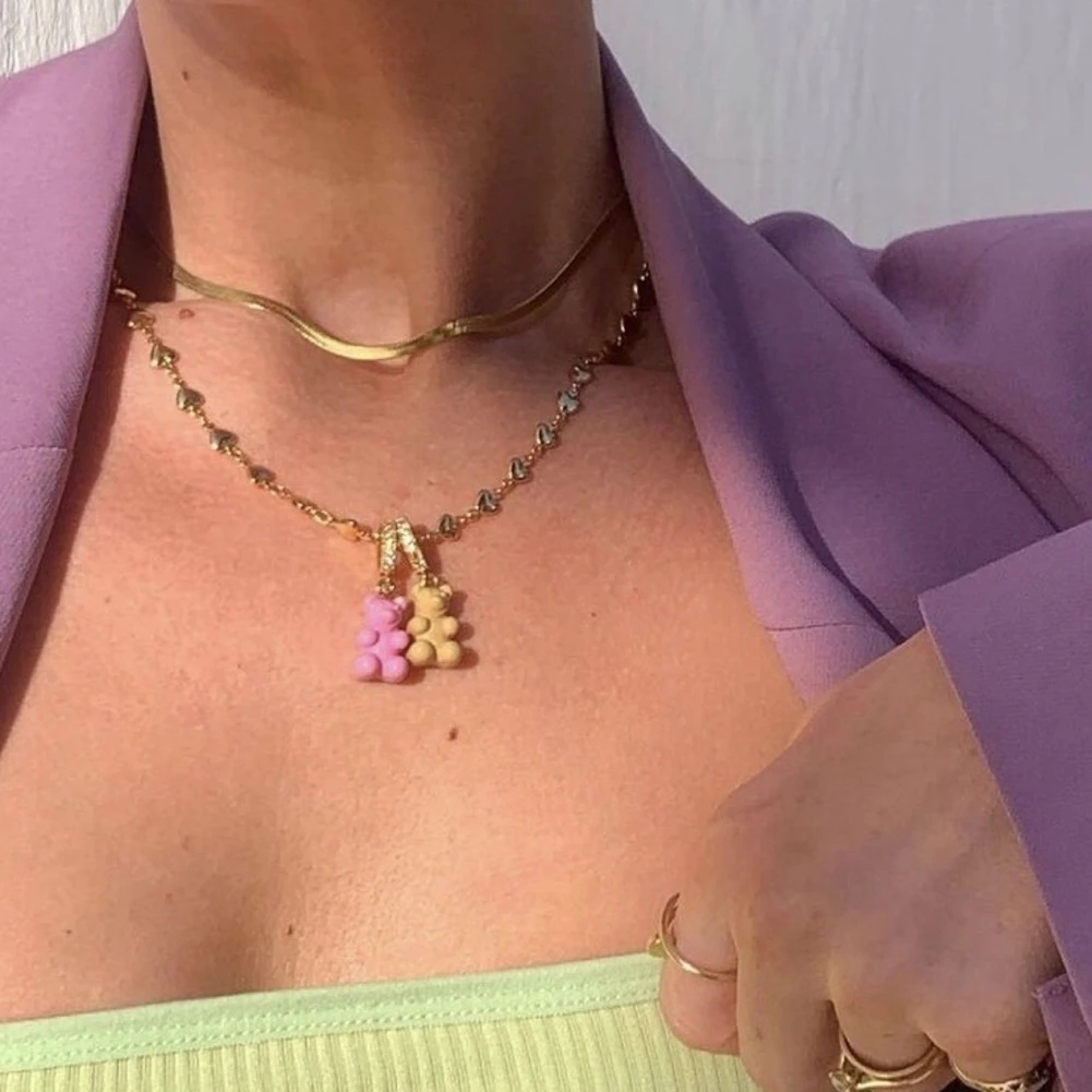 2021 Candy Color Gummy Bear Resin Pendant Necklace for Women Simple Golden Metal Chain Necklace Female Fashion Jewelry Gifts