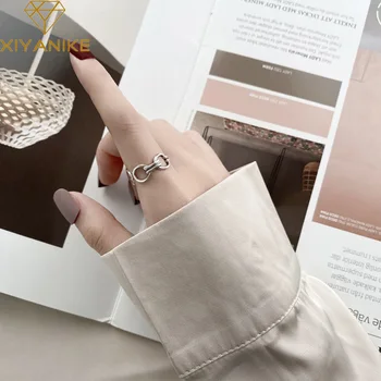 

XIYANIKE 925 Sterling Silver Geometric Chain Hollow Ring Female INS Trend Simple Retro Open Index Finger Ring All-match Gifts