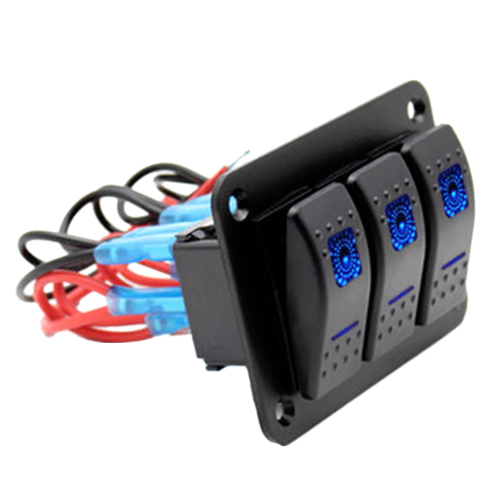 Marine Boat Rocker Switch Panel 3 Gang, Blue Backlit LED, Pre-Wired for Marine, Boat, Car, Truck