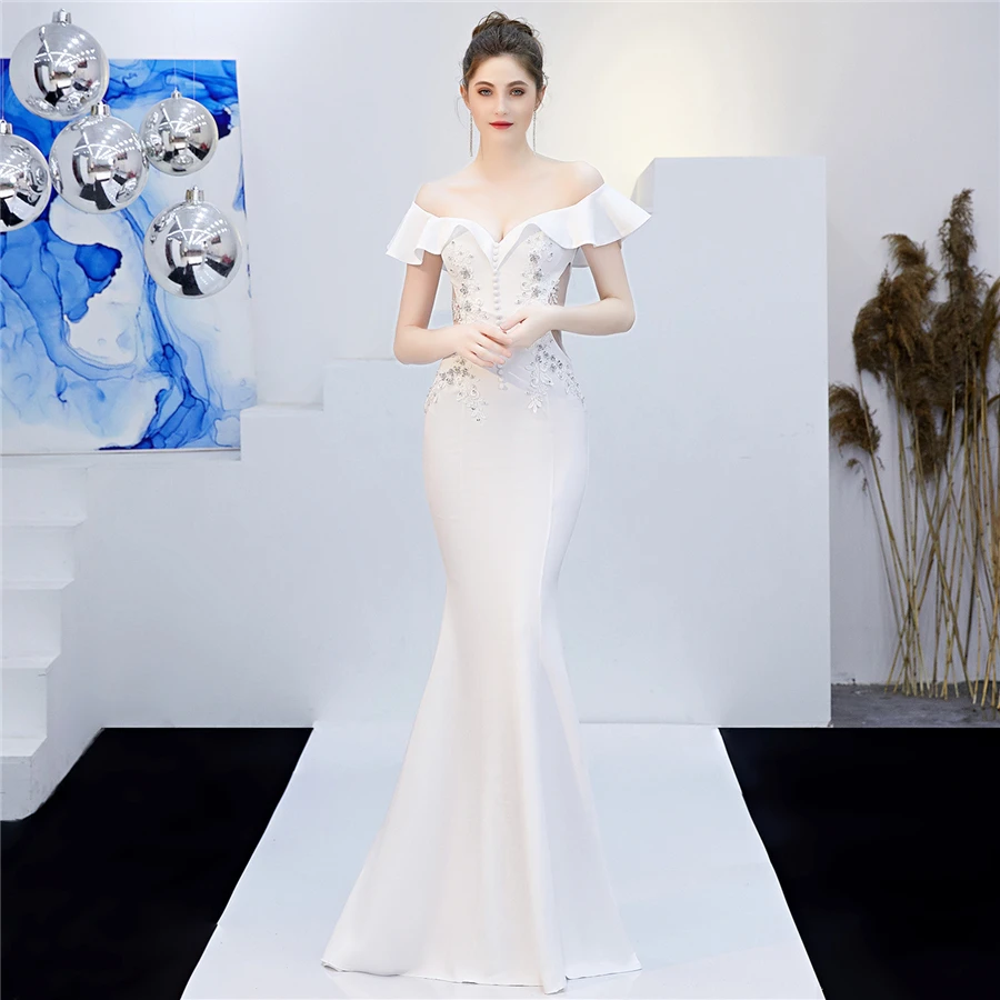 Белый Вечерние платья размера плюс, длинное платье De Soiree, DX265-4, новинка, с аппликацией, женское вечернее платье, с открытыми плечами, вечерние платья русалки - Цвет: Белый