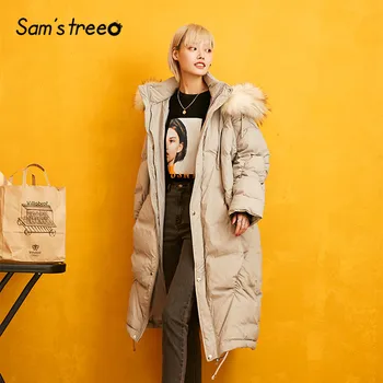 

SAM'S TREE Gray Pure Drawstring Straight Warmness Down Coat Women 2019 Winter Zipper Fur Oversived Office Ladies Parka Outwears