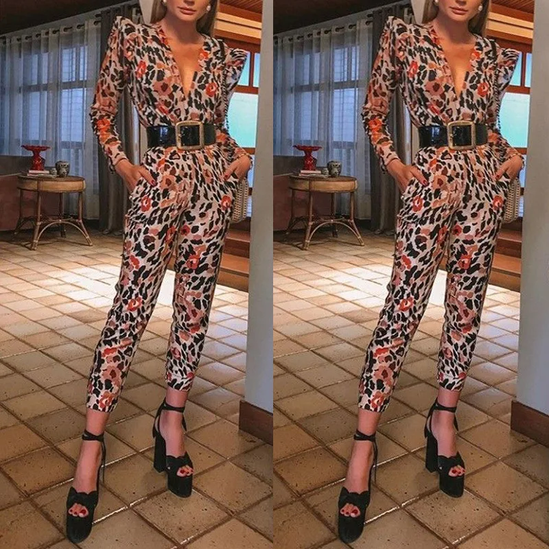 

Women Autumn sexy Deep V Neck Long Sleeves Overalls Leopard Print Slim Jumpsuit Elegant Camouflage Print one piece Rompers