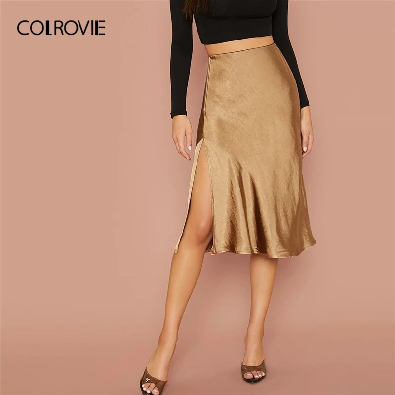 COLROVIE, коричневая сатиновая юбка с эластичным поясом, женская сексуальная юбка миди, осень, гламурные одноцветные женские юбки для вечеринок