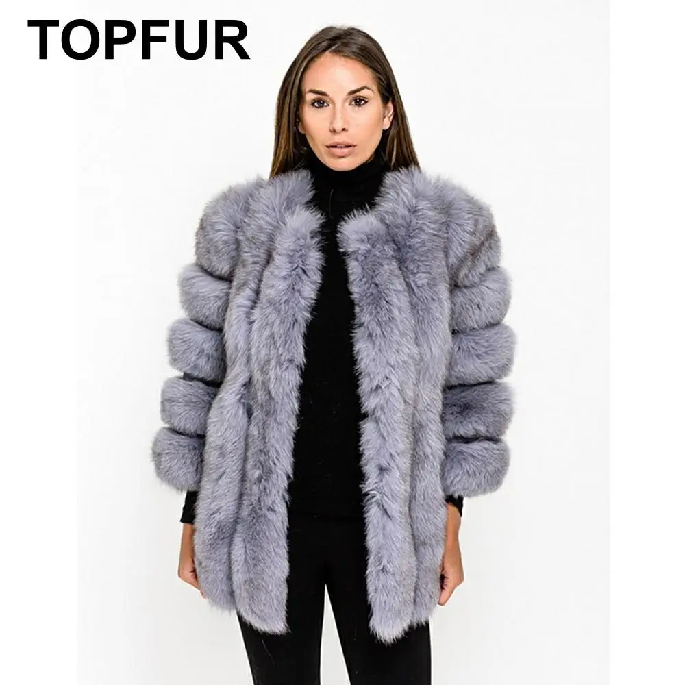 TOPFUR, модное зимнее пальто из натурального меха, Женское пальто из натуральной голубой лисы, женская кожаная куртка с рукавом три четверти, Manteau Femme