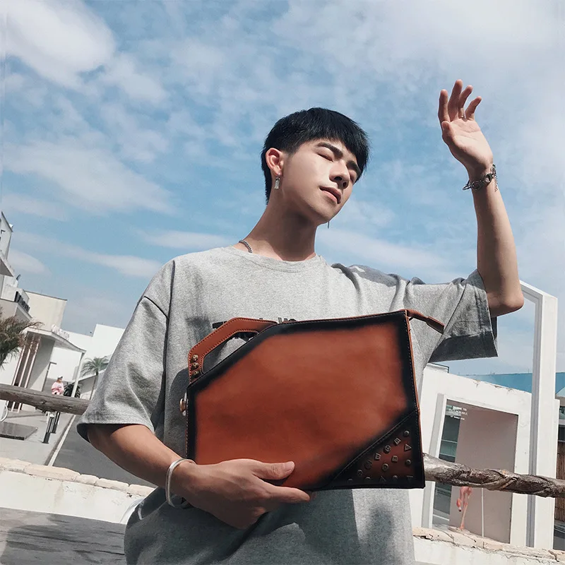 

Men's clutch bag high quality Korean rivet retro PU shoulder bag 2019 new JIULIN