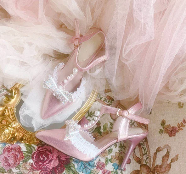 Женская обувь с острым носком; туфли с закрытым носком на высоком каблуке в стиле Лолиты; женские туфли с бантом в стиле принцессы; милые винтажные туфли для девочек