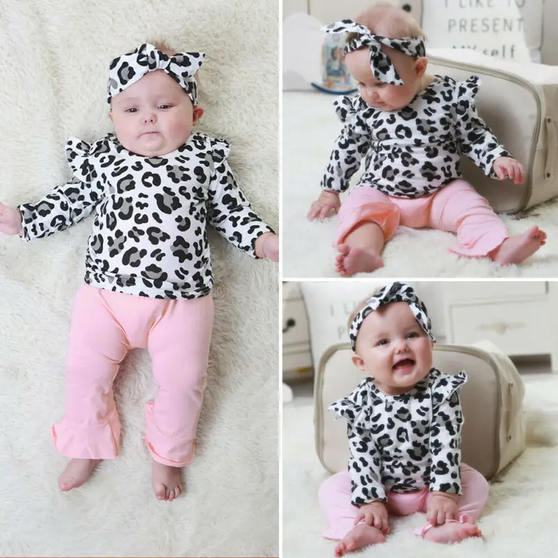 

Newborn Baby Girl 0-24M Clothes Set Leopard Tops T-Shirt Ruffle Pants Headband Outfits