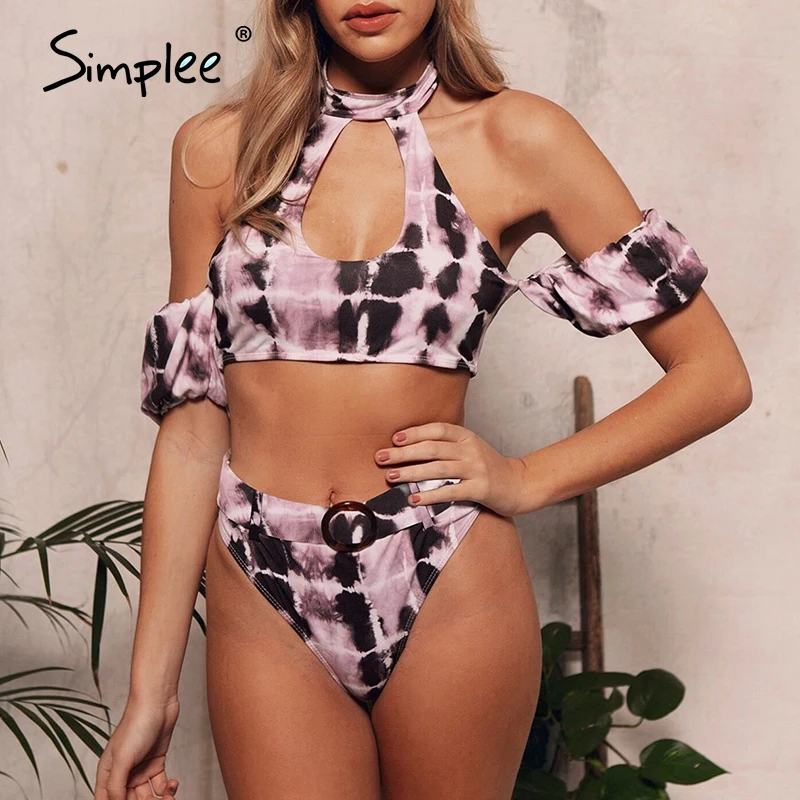 

Simplee Vintage plaid print bikini Patchwork short sleeve swimwear Hollow out high waist summer beach swimsuit bathing suit 2020