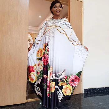 

Plus Size White Elegant Women African Maxi Dashiki Dress Bazin Riche Long Sleeve New Arrival Flower Chain Loose Robe Party Gown