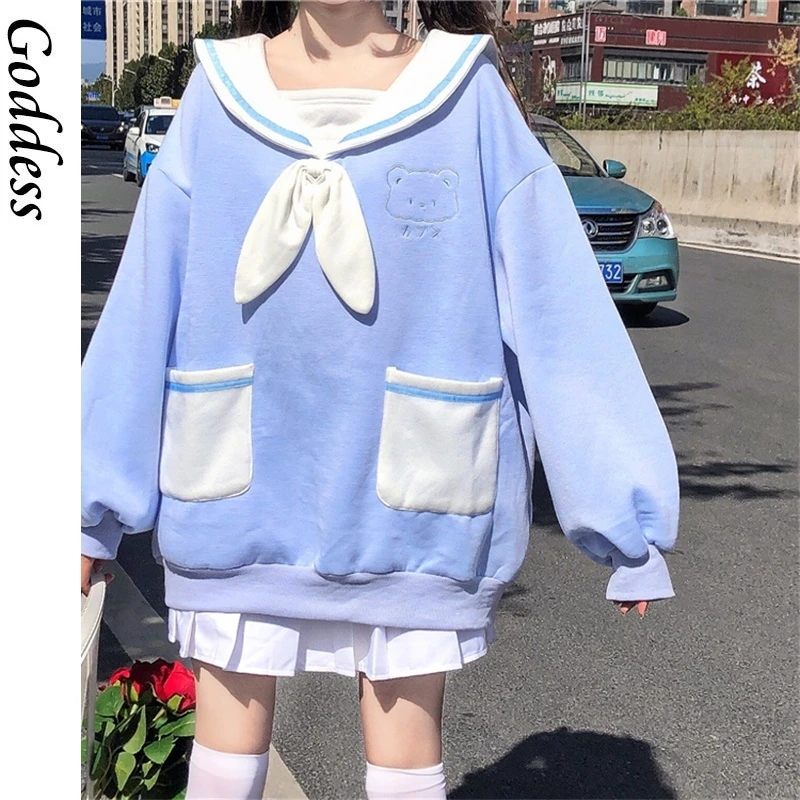 Sudaderas Kawaii japonesas para niña, suave con cuello de marinero, suéter con lazo, bordado de orejas de oso, manga completa con bolsillo| Sudaderas con capucha y sudaderas| - AliExpress