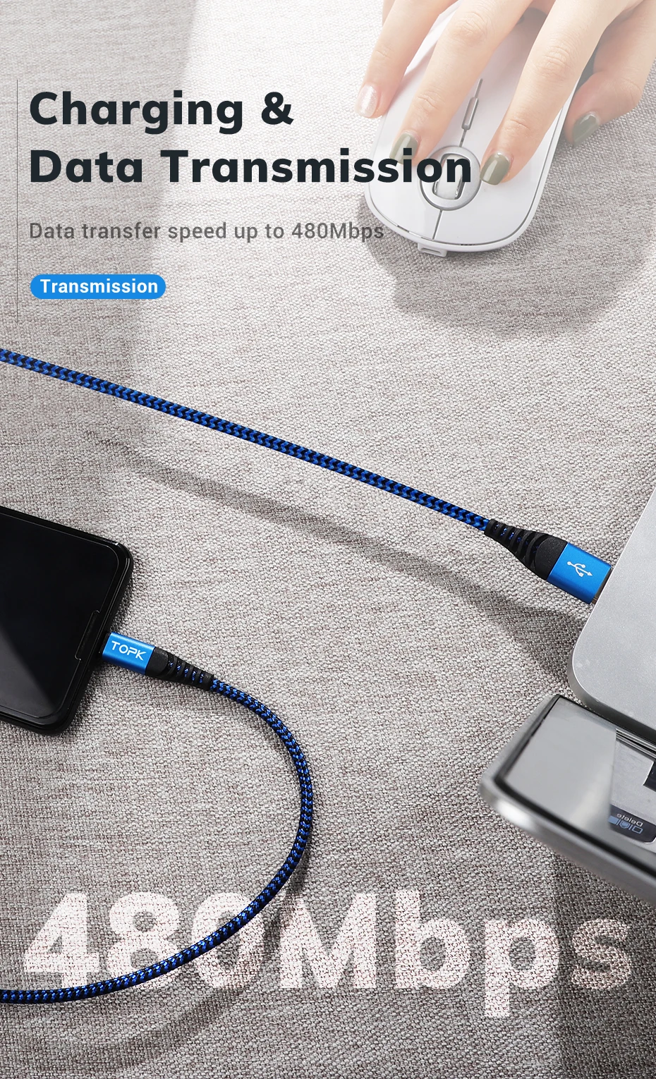 TOPK Micro USB Cable & Type C Cable 3A Fast Charging for Samsung Xiaomi Mobile Phone Data Cable Type-C for Xiaomi Redmi Note 8