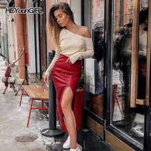 HEYounGIRL Сексуальная Юбка-миди из искусственной кожи, однотонная красная юбка с высокой талией, женская элегантная юбка с разрезом сбоку, Женская Осенняя юбка