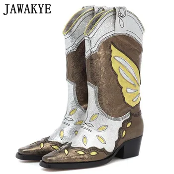 

New gladiator knee high boots for women Kitten Square heel Embroider Butterfly Motorcycle shoe leather cowboy boots botas mujer