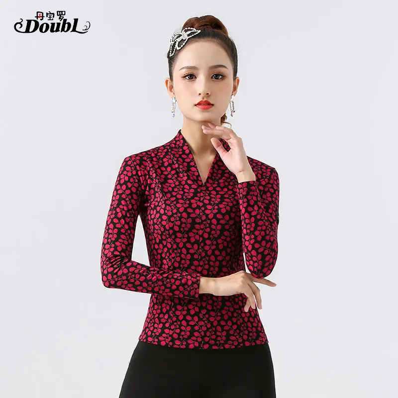 DOUBL Modern Dance Top Women's Long Sleeve Dance Social Dance National Standard Dance T Shirt Spring Printing Workout Traning