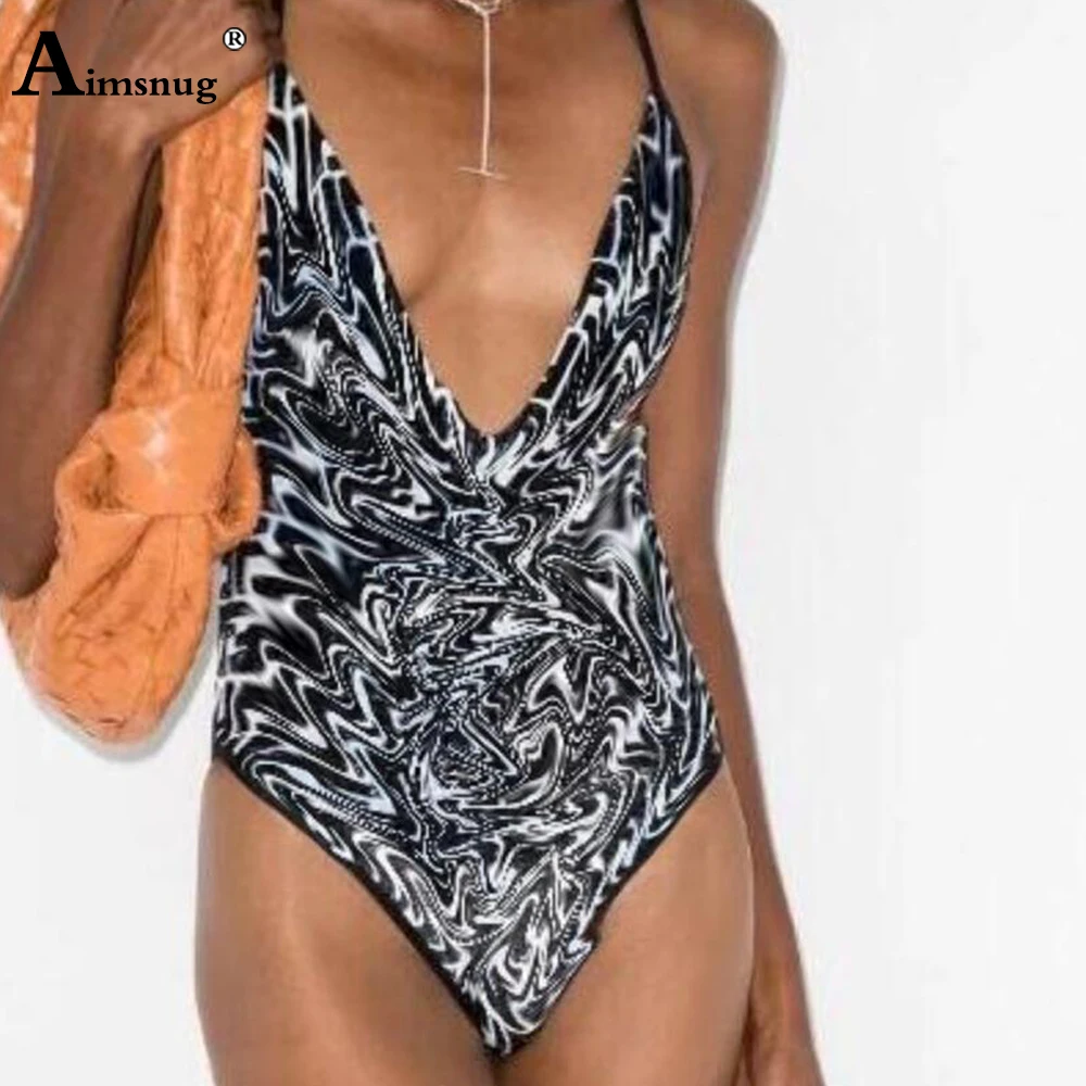 

Aimsnug Women One Piece Swimsuit High Waist Swimwear Sexy Deep V-neck Onesie Bodysuit 2021 Fashion 3D Print Bathing Suits Femme