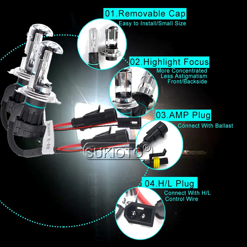 SUKIOTO AC 12V 35W 55W H4 HiLo HID Xenon Light Bulb 3000K-10000K Replacement For Car Headlight Kit H4 Bixenon Auto Headlamp (11)