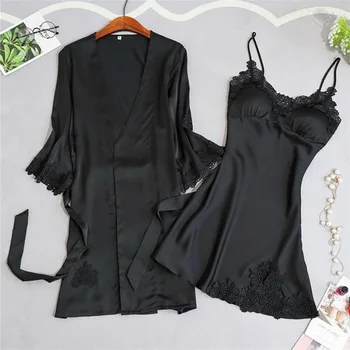 

Women Pajamas 5 Pieces Satin Sleepwear Pijama Silk Home Wear Home Clothing Embroidery Sleep Lounge Pyjama with Chest Pads