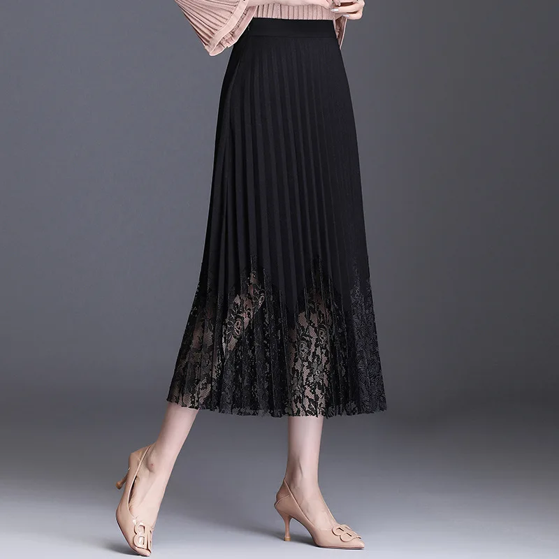 

2019 New Style Mid-length Skirt WOMEN'S Dress Autumn And Winter Slimming Lace Joint Pleated Skirt A- line Skirt Dress