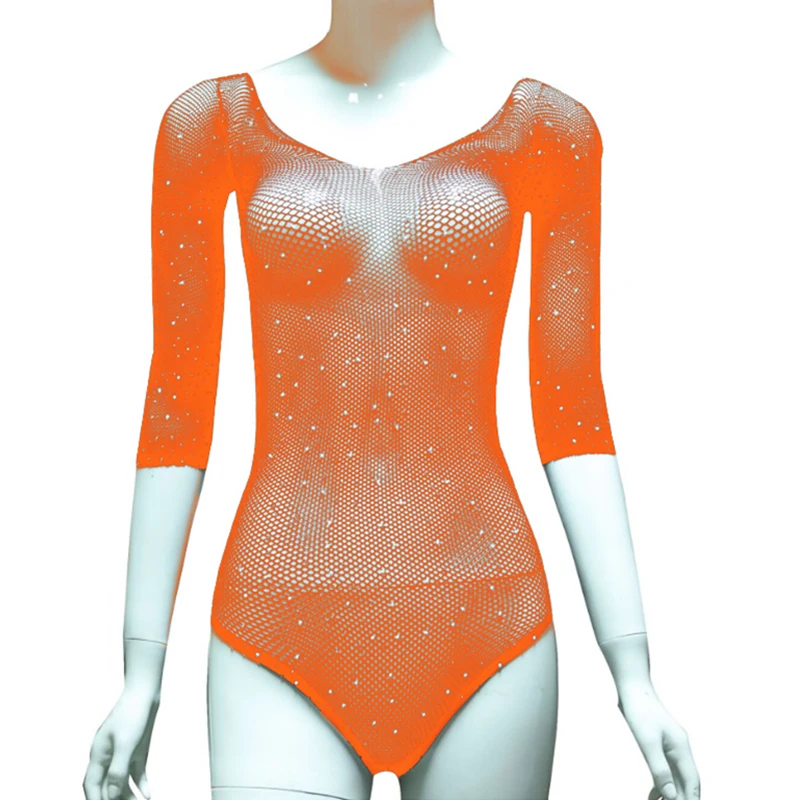 Womens Long Sleeve Fishnet Off shoulder Sparkle Bodysuit Rhinestone Lingerie