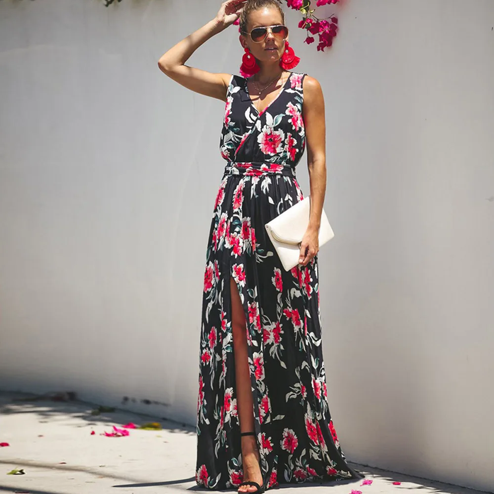 

Printed Dress with Split Lace Up Sexy Summer Dresses Women 2018 Print Sleeveless Beach Style Women Clothes 2020 V-Neck