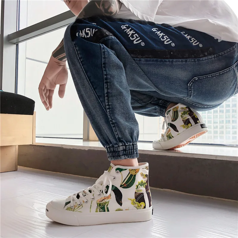 New Fashion Printed Canvas Shoes Men's Tennis Shoes Vulcanized Flower High Quality Leisure White Canvas Shoes Zapatos Hombre