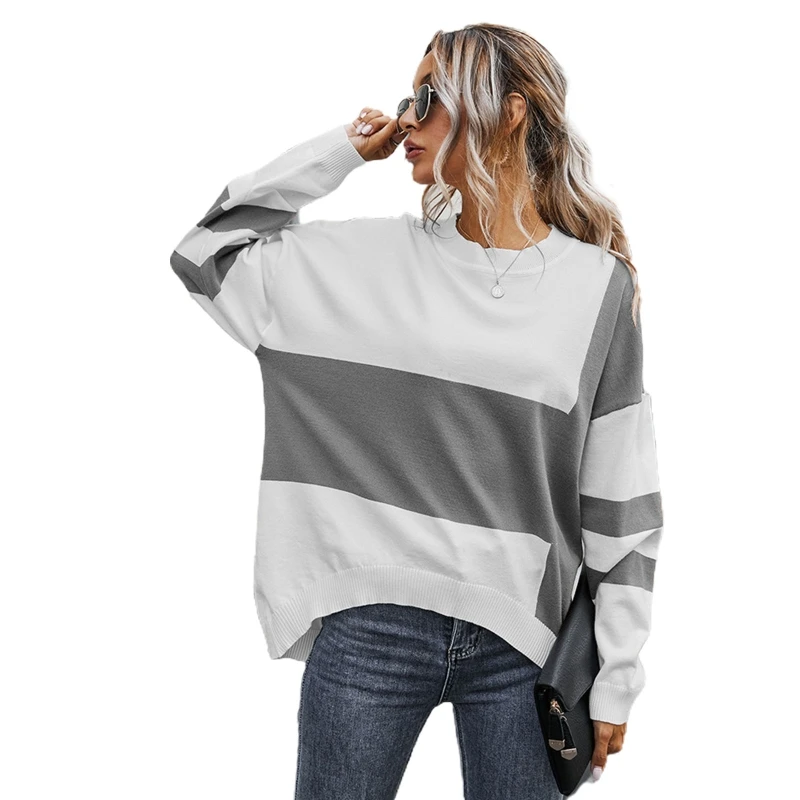 

Women Long Sleeve O-Neck Sweater Color Block Striped Irregular Hem Jumper Tops