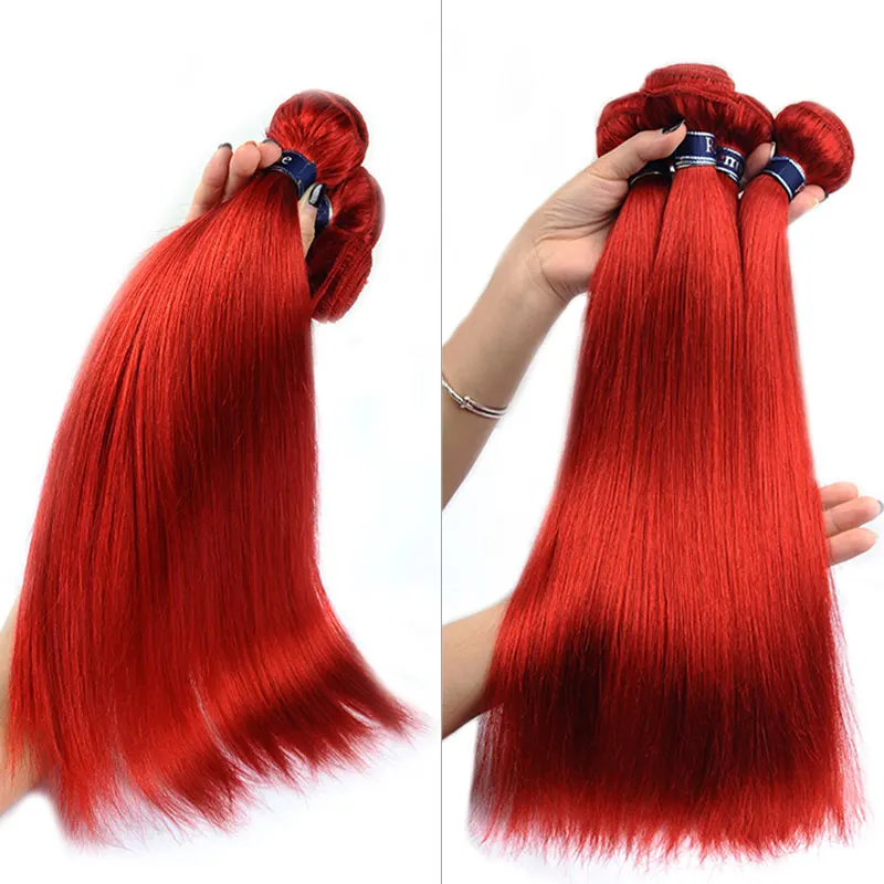 Peruvian Human Hair 3 Bundles With Closure Remyblue Red Colored Straight Hair Weave Bundles With Closure Remy Hair Pre Plucked