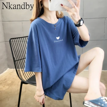 

Large Size Diamond Heart Print Long Top Tees Women Summer Loose Short Sleeve Vintage T-shirts Femme Oversize Streetwear Clothes