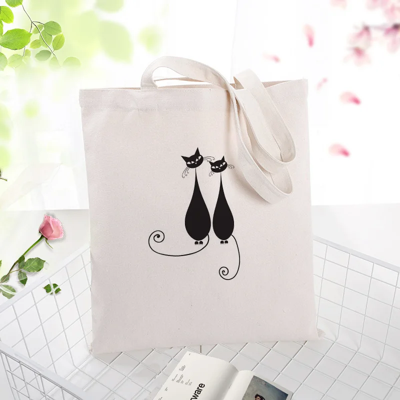 

cat Canvas Tote Bag Handbag Custom Print Logo Text DIY Daily Use Eco Ecologicas Reusable Shopping Bag Recycle