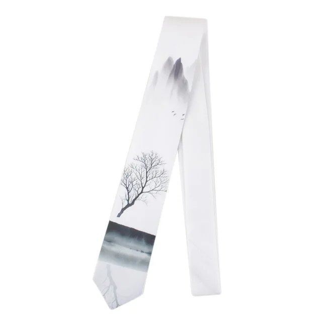 Men's Printed Tie Casual Banquet Suit Shirt Accessories Yarn-dyed Polyester Silk White Fine Novelty Landscape Painting Necktie 211101