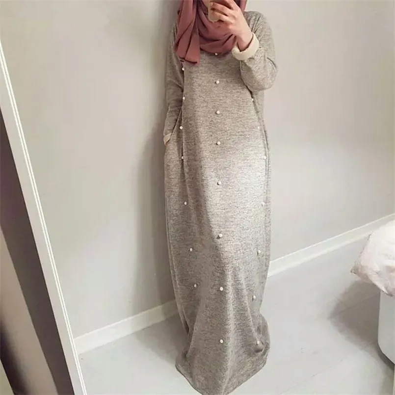 Новинка длинное повседневное хлопковое женское длинное мусульманское платье с жемчужным карманом, модная Турецкая мусульманская одежда, халат Musulmane, роскошная абайя - Цвет: Light Gray