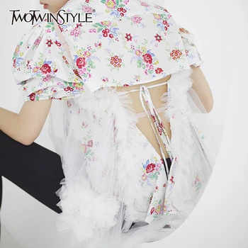 

TWOTWINSTYLE Elegant Patchwork Mesh Women Shirt Lapel Collar Puff Short Print Patchwork Ruffles Irregular Hem Blouse Female Tide