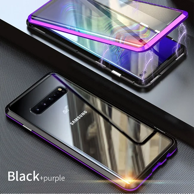 Black Purple Магнитный чехол для samsung Galaxy S10 Plus, S10e, S9, S8, Note 9, 8, Полный Передний+ задний, 9 H, закаленное стекло, Магнитная пленка, чехол s, крышка - Цвет: Black Purple