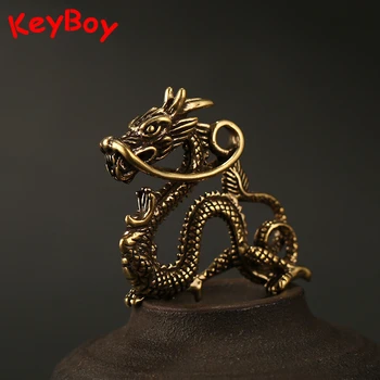 

Retro Copper Chinese Zodiac Dragon Animal Car Keychain Keyring Charms Pendants Brass Mythical Beast Figurines Women Bag Hangings
