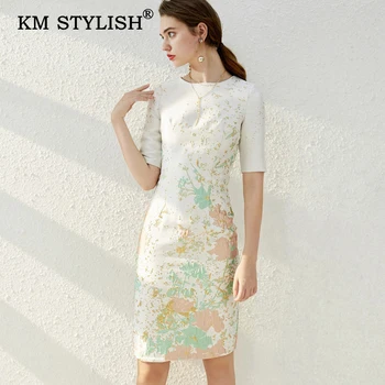 

KM Stylish 2019 New Women Retro Cheongsam Dress Patchwork Floral Print Embroidery Casual Dress High Quality Slim Jacquard Dress