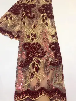

Wine/Gold New French Stone Lace Fabric High Quailty Nigerian Embroidered Velvet Tulle Lace African Lace Fabric For Wedding Party