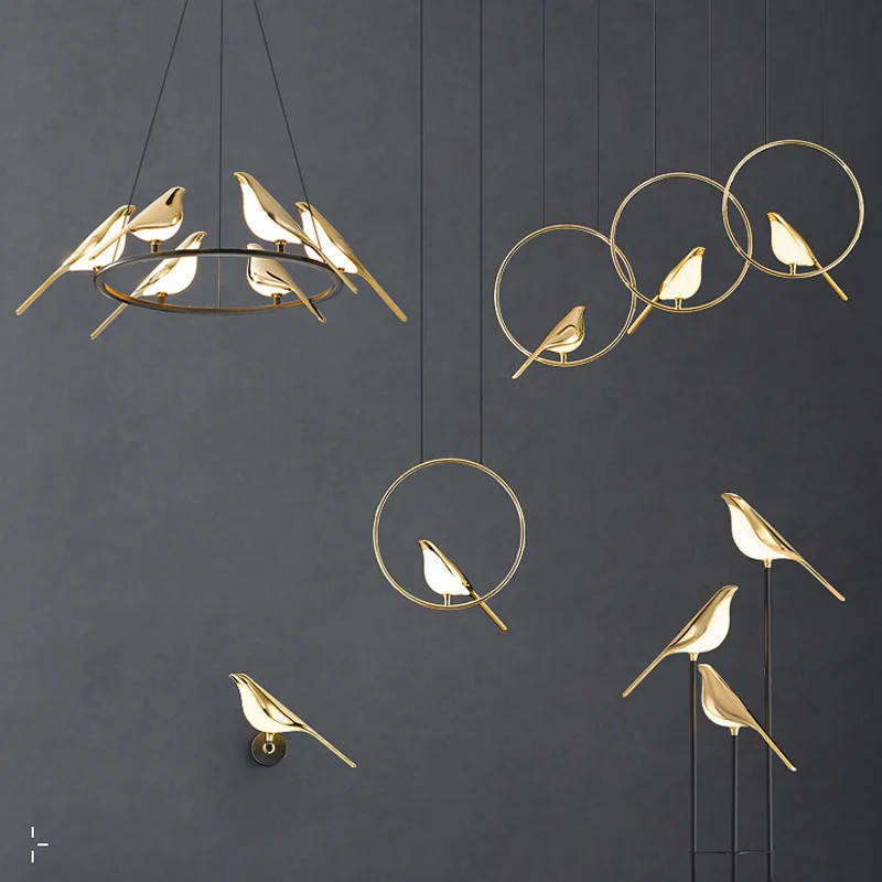 Postmodernism Loft Livingroom Restaurant LED Chandelier Art Gold Magpie Bird Home Decoration Lighting Luminaire Suspension