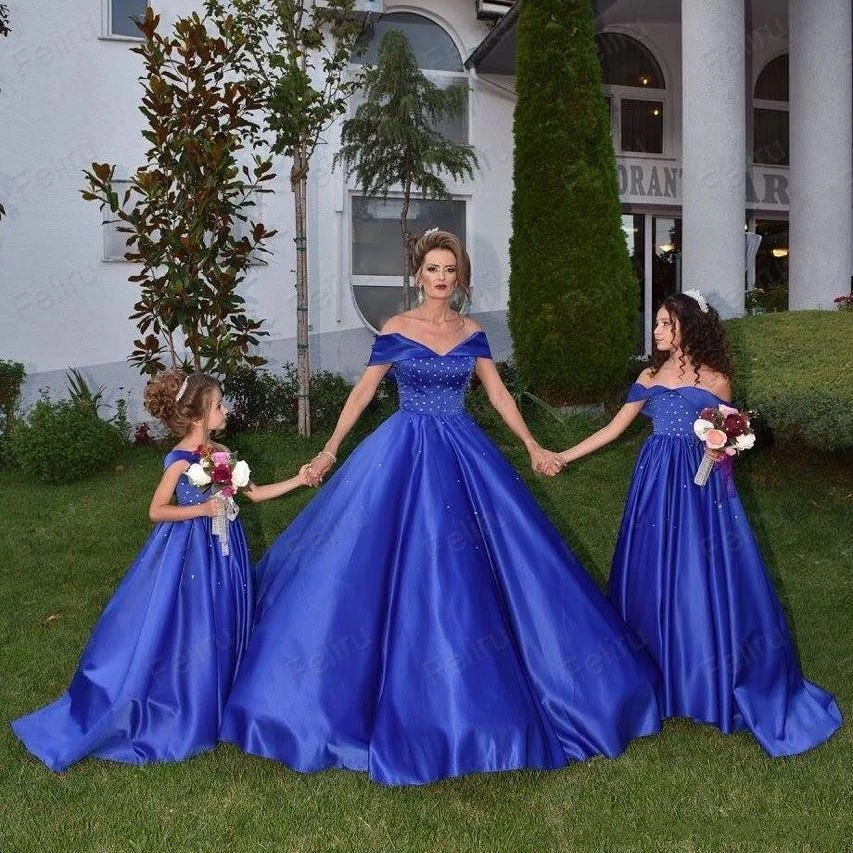 shuiyin23 (2)Royal Blue Flower Girl Dresses For Wedding Off Shoulder Beaded Satin Backless Girl Evening Dresses Kids Party Dress