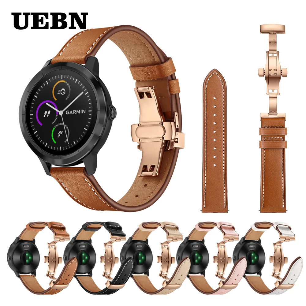 Ремешок UEBN кожаный для музыкальных часов Garmin Vivoactive 20 мм с застежкой-бабочкой из