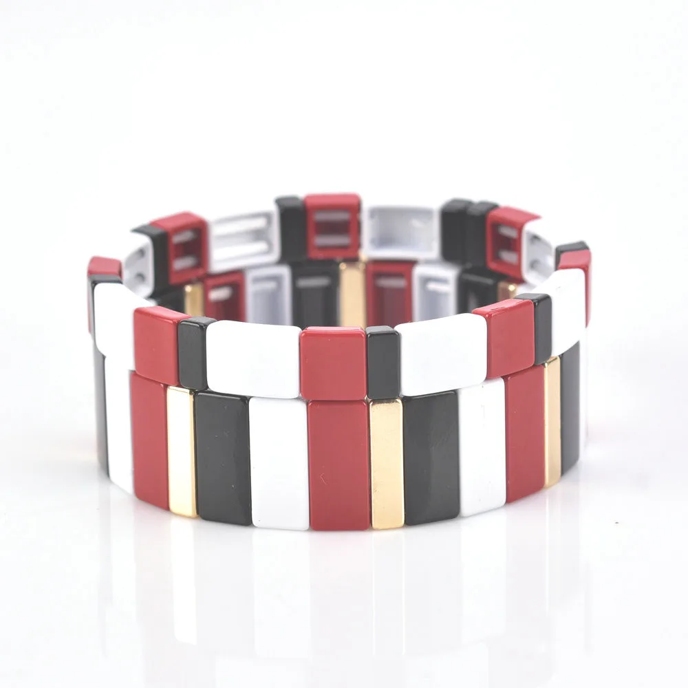 

Fashion Women Men Painted Metal Cuff Bangle Jewelry Stackable Stack Rainbow Colorful Elastic Stretch Enamel Bead Tile Bracelet