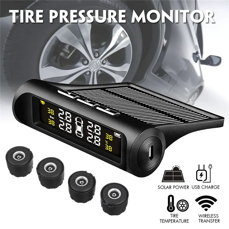 

Universal Solar Power Car TPMS Digital LCD Display Auto Tire Pressure Monitoring Security System LCD 4 External Car Sensor